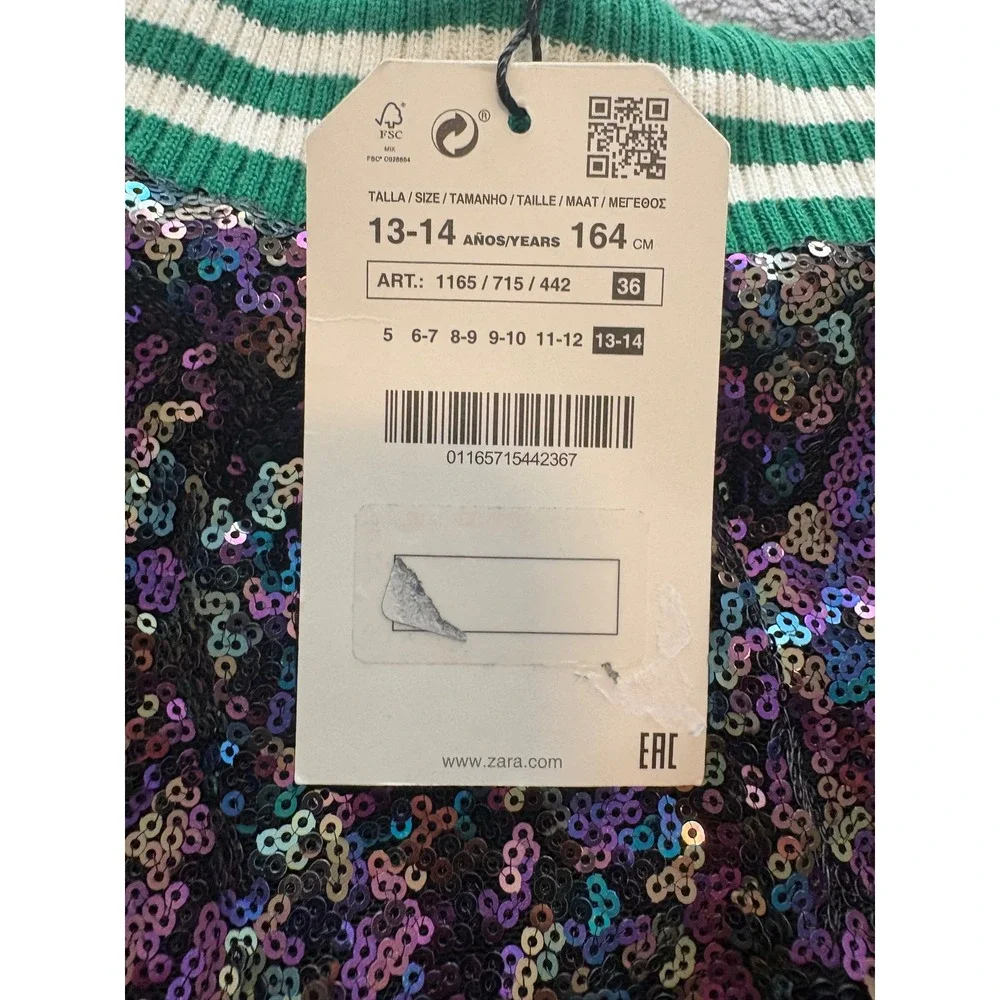 (CL) Zara Girls Sequin Skirt Iridescent Green Striped Waistband‎ Size 13-14 NWT